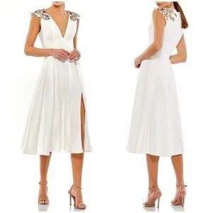 NWT Ieena Mac Duggal Beaded Cap Sleeve A Line Midi Dress White Bridal Sz 2
